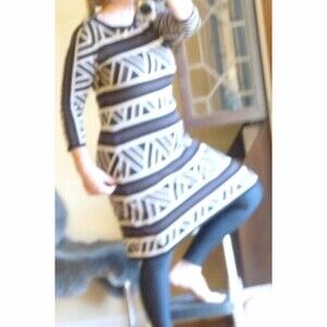 ANNE KLEIN Black White Color block Ponte Knit Sweater Shift Elegant Dress L